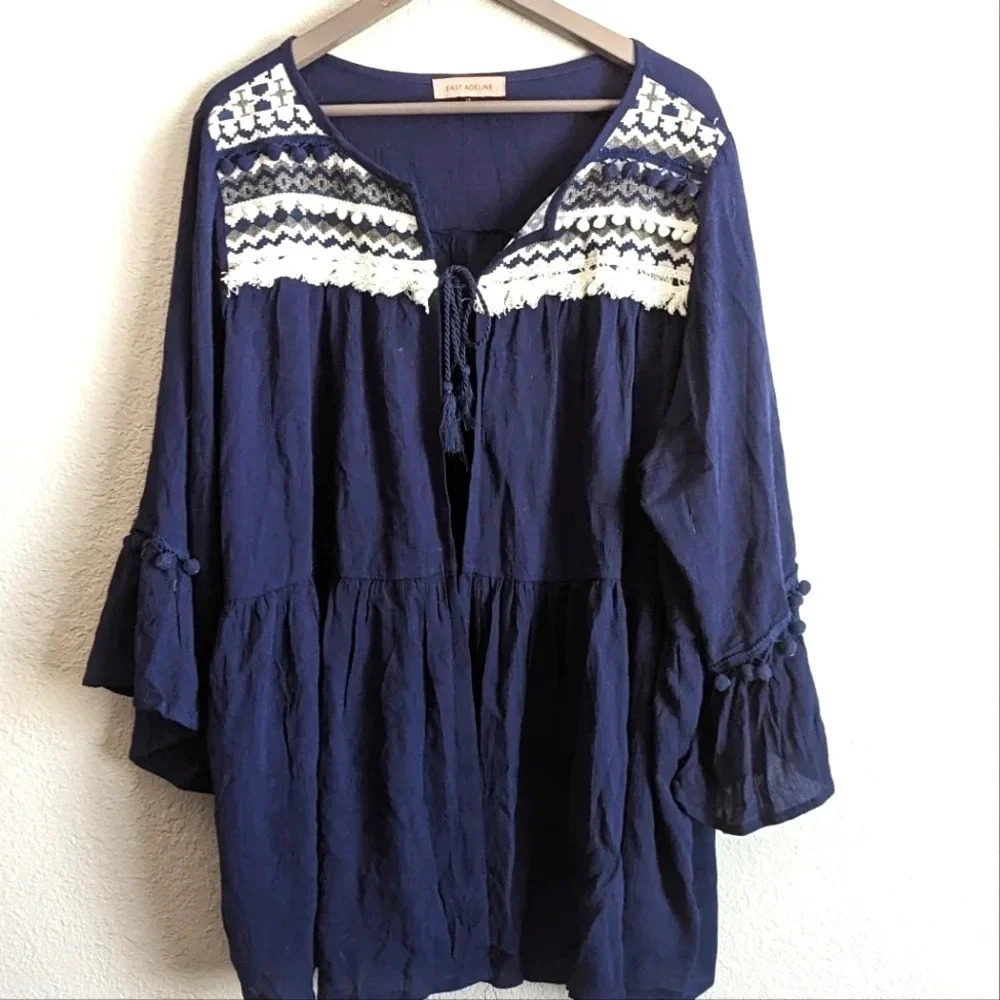 East Adeline Tie Front Open Tunic with Pom Poms and Fringe- Tiered, 3/4 Sleeves
